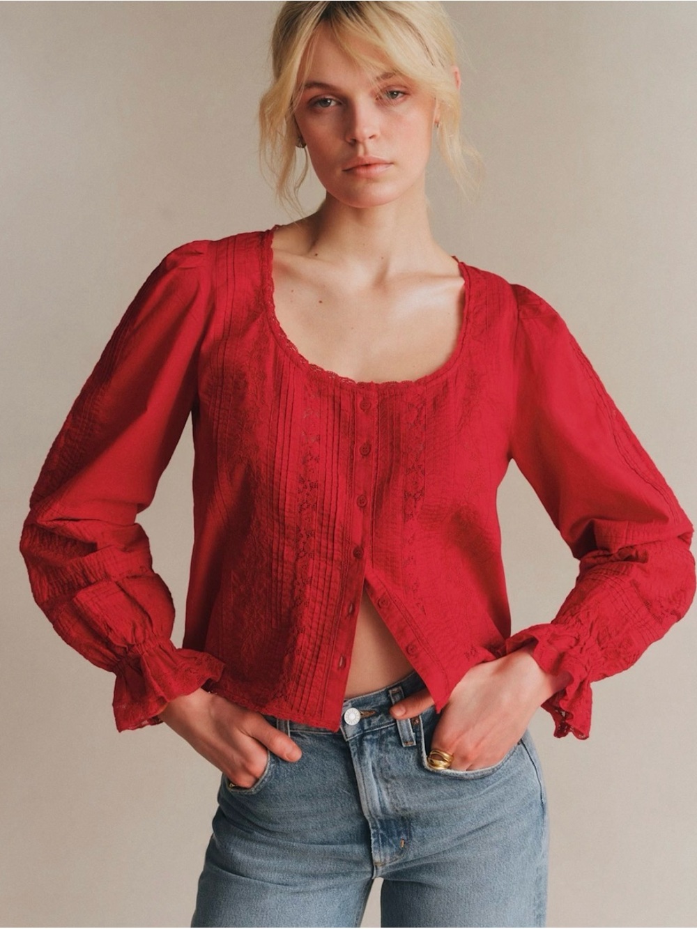 Sezane Tinia Shirt Red Solid Embroidery